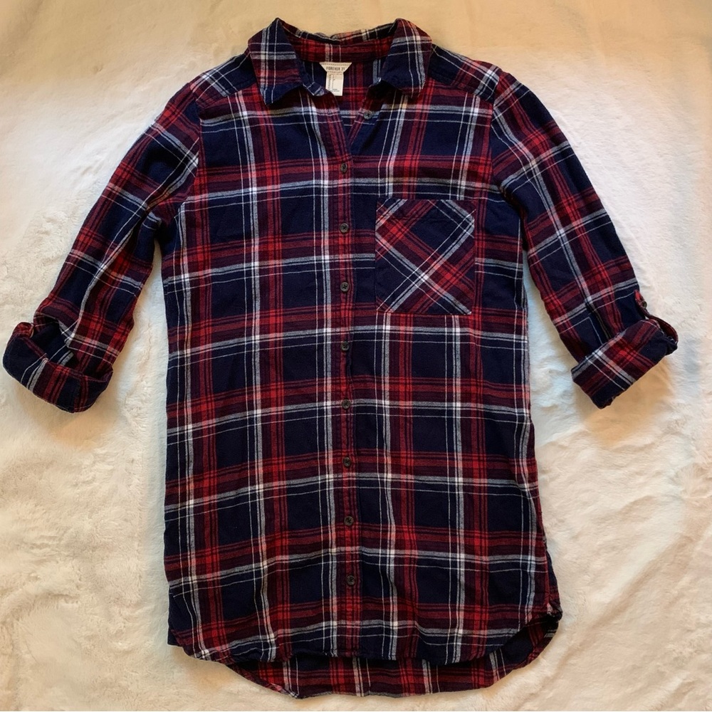 Forever 21 Plaid Collared Long Shirt - SMALL